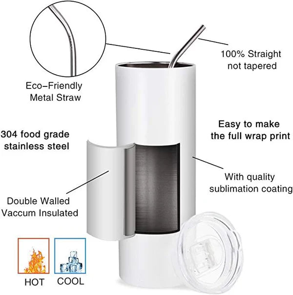 Sublimation Tumbler 30 OZ (887 ml.) White Stainless Steel Tumbler with Metal Straw