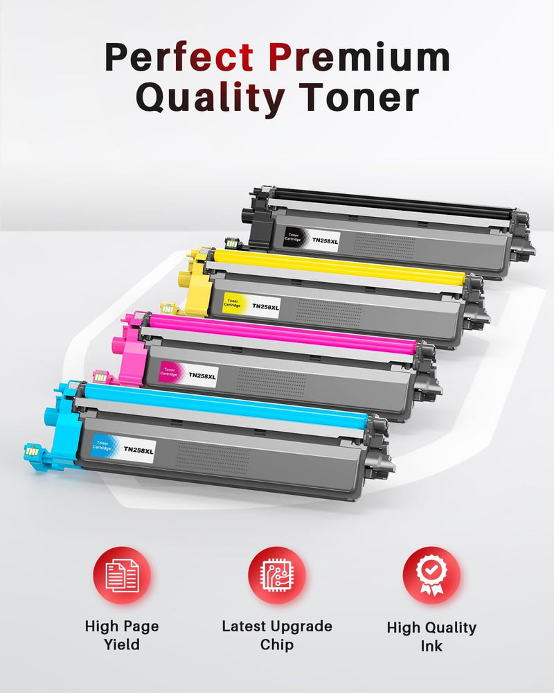 TN258XL TN258 Toner Cartridge Compatible with Brother HL-L3240CDW HL-L3280CDW MFC-L3755CDW MFC-L3760C MFC-L8390CDW DCP-L3520CDW DCP-L3560CDW Printers(4 Pack,1Black, 1Cyan, 1Magenta, 1Yellow)