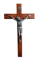 Large Crucifix Wall Cross – Oak Wood & Silver Metal Corpus | INRI | 64 x 34cm | NZ