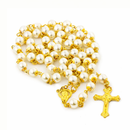 Catholic Pearl Bead Rosary Necklace – White Gold Finish