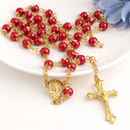 ❤️ Red Pearl Rosary Necklace with Gold Crucifix