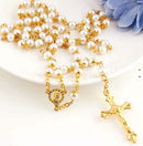 Catholic Pearl Bead Rosary Necklace – White Gold Finish