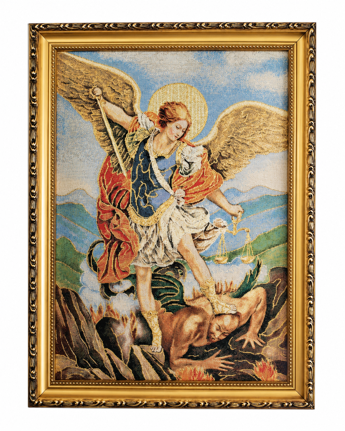 St Michael Gold Frame Tapestry 42cm x 32cm | Amon Enterprises