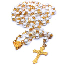Catholic Pearl Bead Rosary Necklace – White Gold Finish