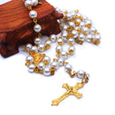 Catholic Pearl Bead Rosary Necklace – White Gold Finish
