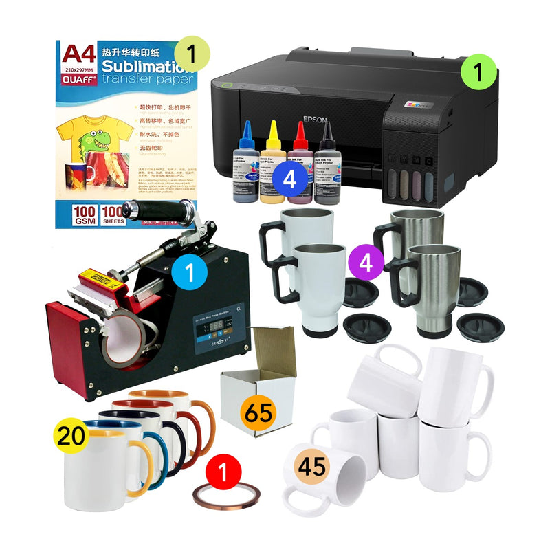 Mug Printing Package including: Printer, Mug Press, Blank Mugs, Paper and more!.